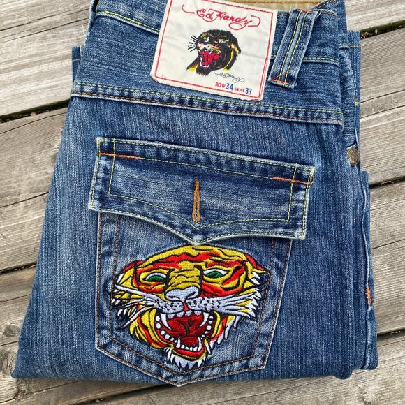 Vintage Ed Hardy Embroidered Jeans By Christian Audigier Vintage Tattoo Wear 34 - Picture 3 of 11